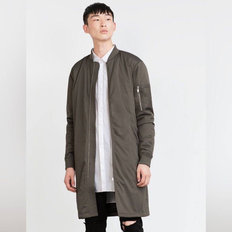Like New Zara Man Long Bomber Jacket Dark Green Size Xl